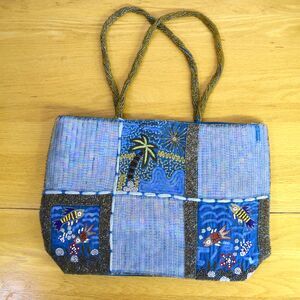 Blue Satin Gold Beaded Sparkly Sequined Tote Bag Tropical Theme Palm Tree Fish